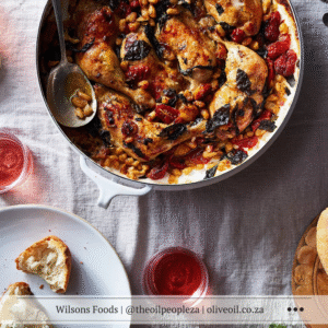 Crispy chicken leg in one pot with sweet tomatoes and basil