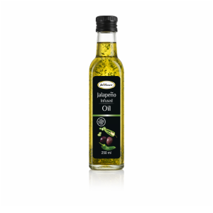 Home 4 Wilson's Foods Jalapeño Infused Oil 250ml bottle with visible jalapeño flakes suspended in golden oil