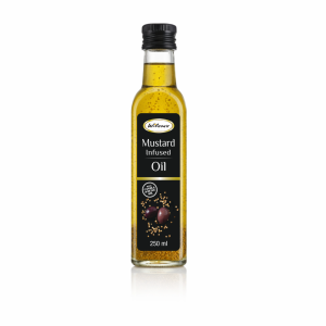 Home 5 Wilson's Foods Mustard Infused Oil 250ml bottle with visible mustard seeds suspended in golden oil