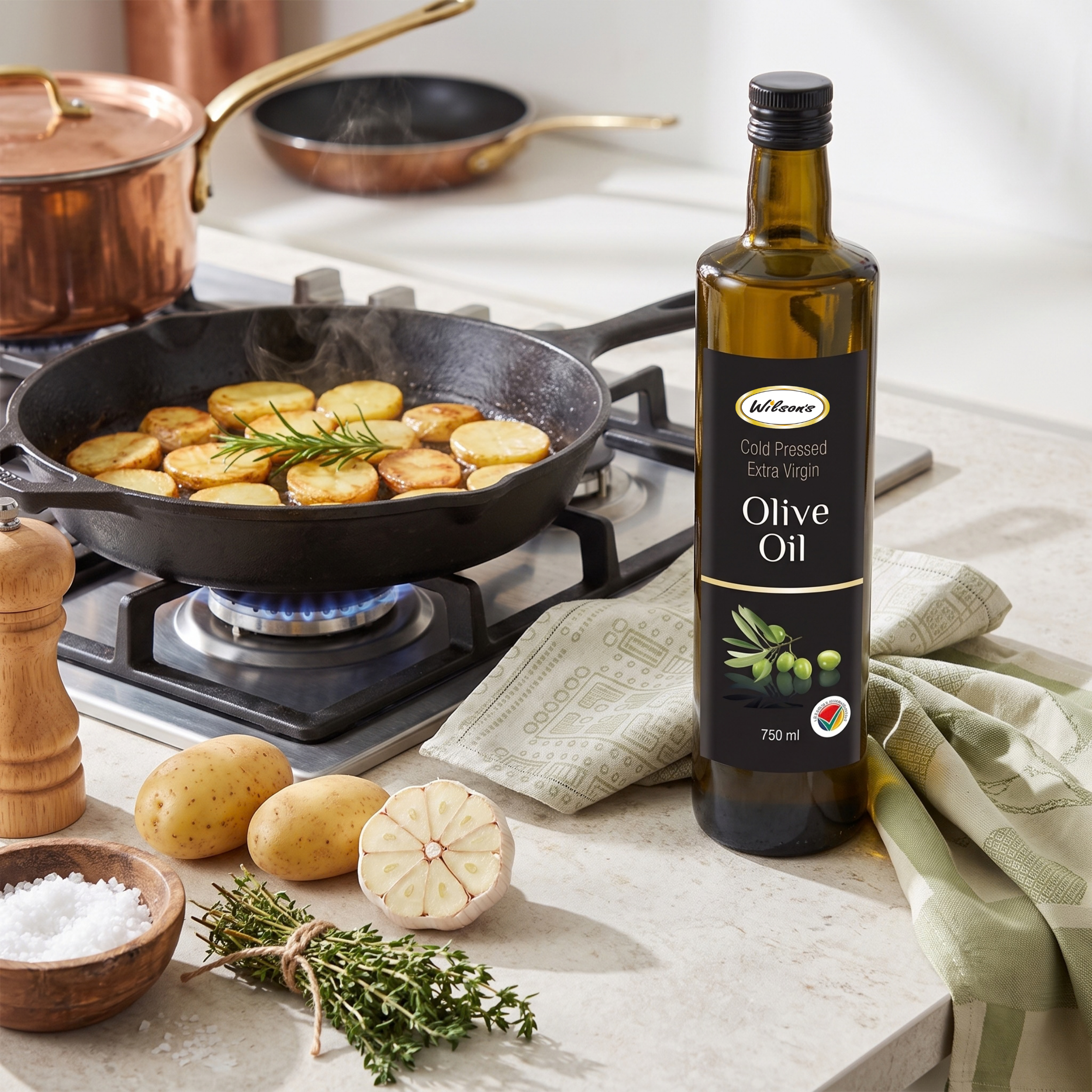 Bottles of Wilson's oils, from Extra Virgin Olive Oil to Coconut Oil, lined up to show which oil for which heat