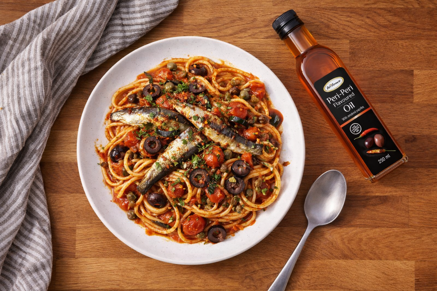 Recipes 1 Tinned sardine puttanesca with black olives and capers on spaghetti