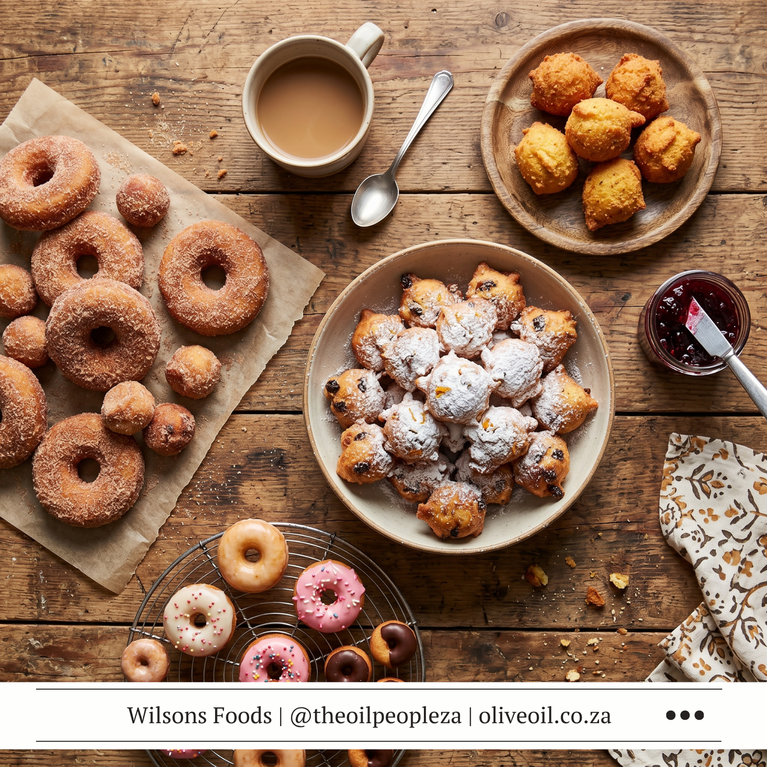 Four doughnut varieties on a wooden board — Croatian fritule, spiced doughnuts, cheesy hush puppies and mini vegan doughnuts made with Wilson's Foods oils