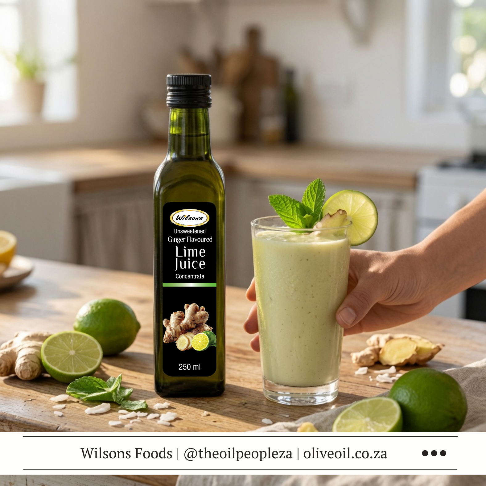 Lime & Ginger Coconut Smoothie 1 Wilson's Ginger Flavoured Lime Juice coconut avocado smoothie in a glass with lime garnish