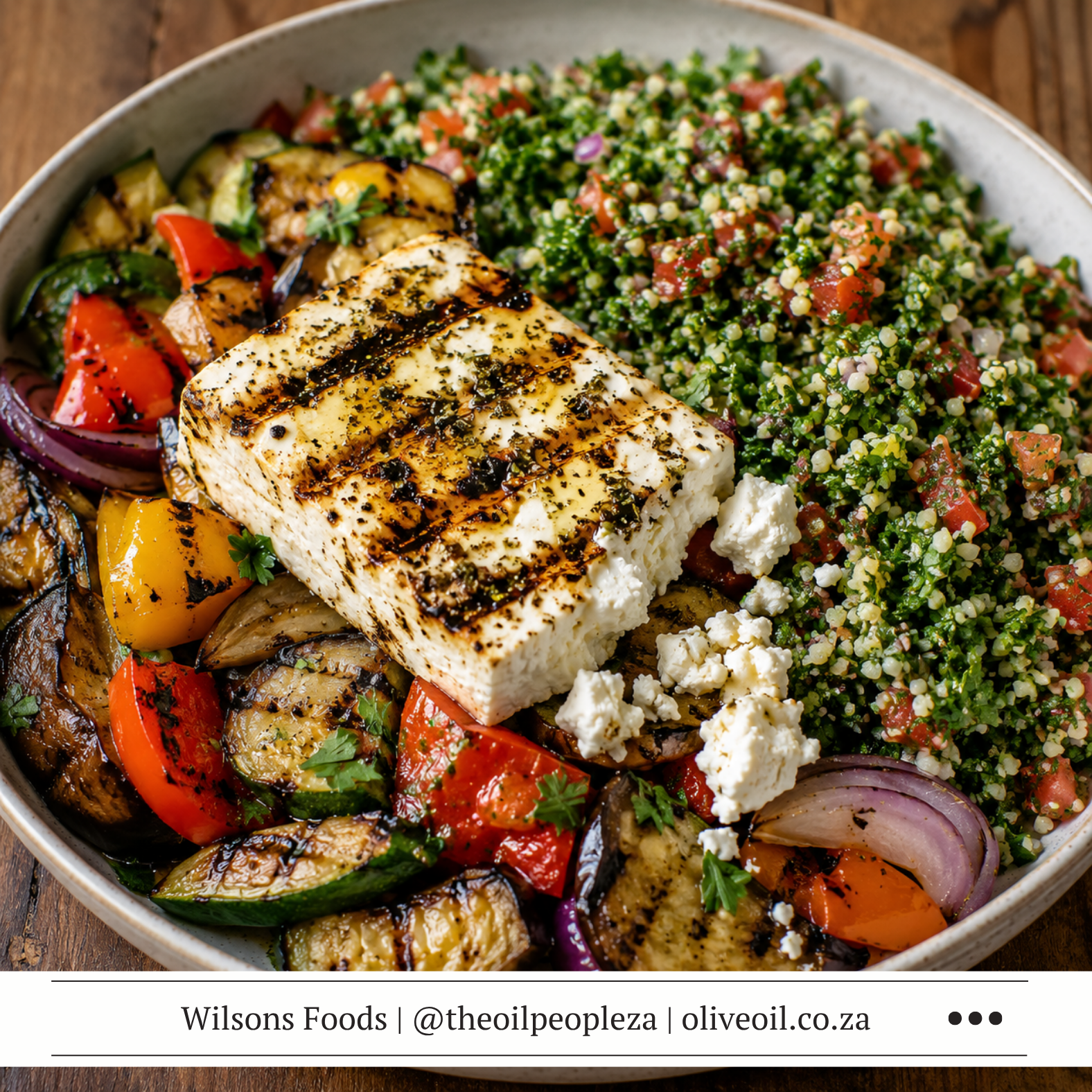 Griddled aubergine, courgettes and tomatoes with golden feta and tabbouleh finished with Wilson's Foods Extra Virgin Olive Oil