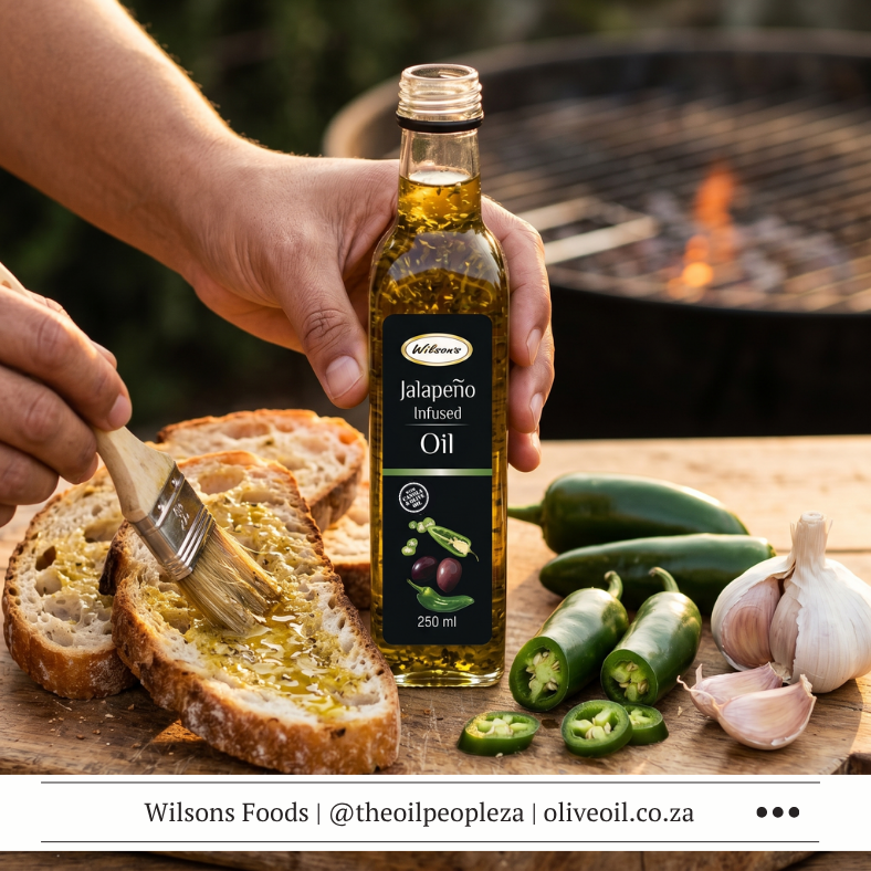 Wilson's Foods Jalapeño Infused Oil bottle with visible jalapeño flakes suspended in golden oil