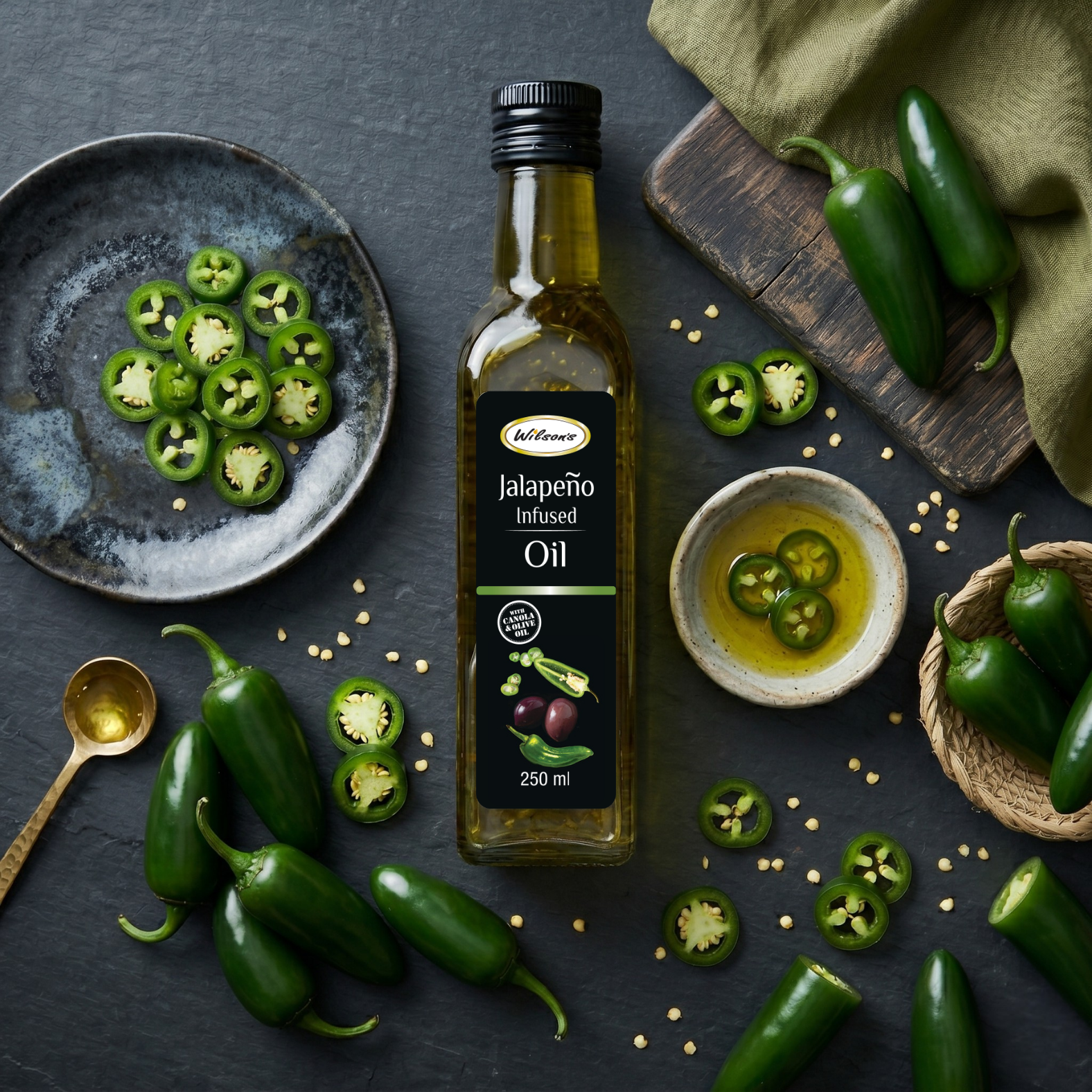 Wilson's Jalapeño Infused Oil 2 Wilson's Foods Jalapeño Infused Oil 250ml bottle with visible jalapeño flakes suspended in golden oil