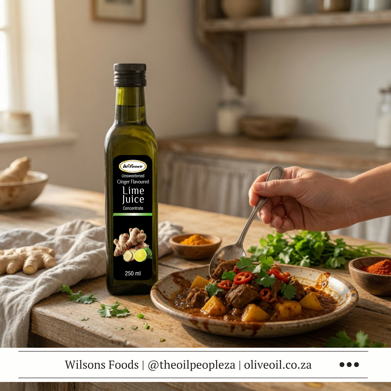 A bowl of slow-cooked lamb curry with natural yoghurt, fresh coriander and mint, finished with Wilson’s Ginger Flavoured Lime Juice