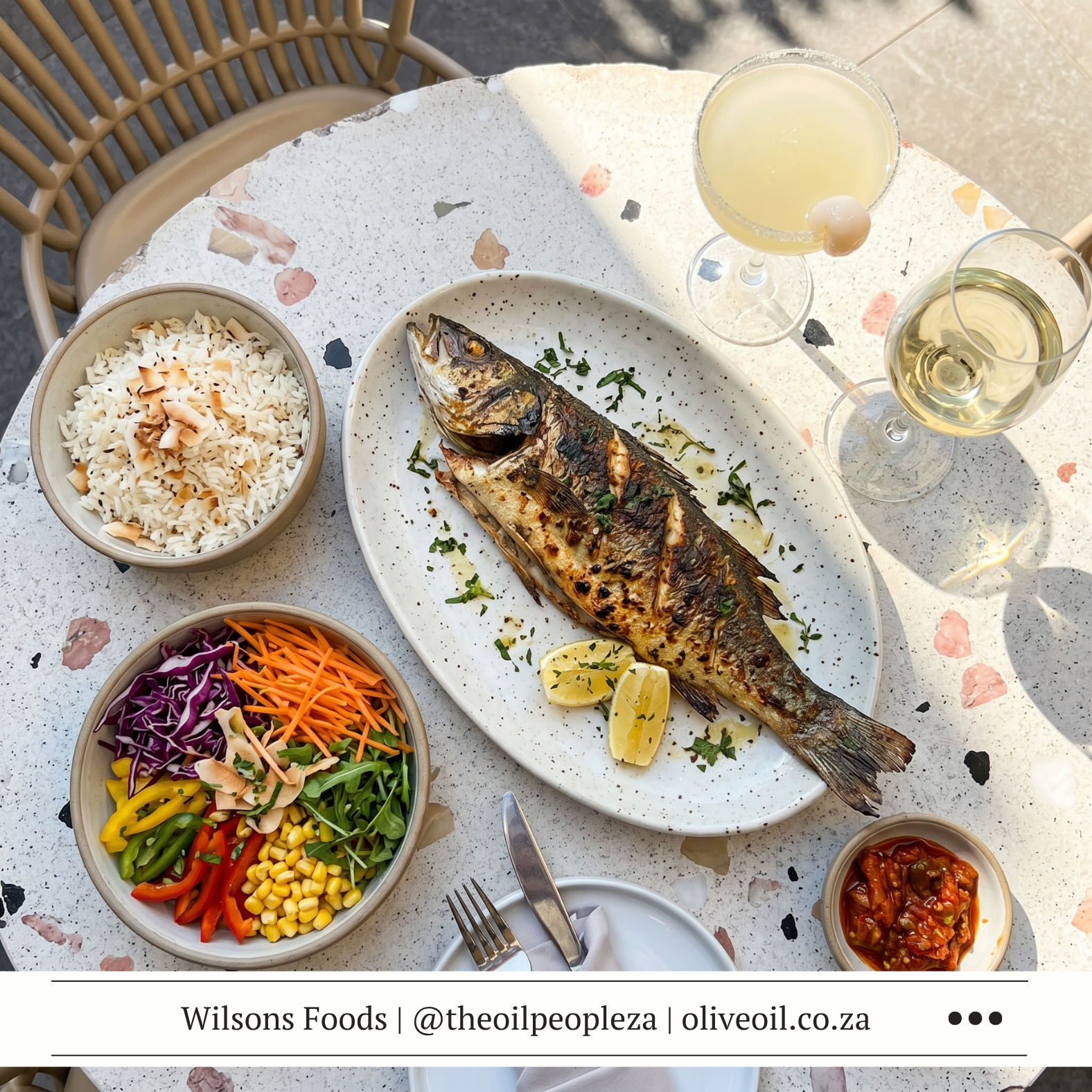 Malaysian Style Whole Fish with Ginger Lime 1 Whole roasted sea bass in banana leaf with lemongrass ginger paste, coconut rice and shredded rainbow salad