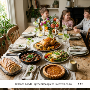 A beautiful Mother's Day lunch spread featuring peri-peri chicken livers, roast chicken, griddled vegetable tabbouleh, treacle tart and lime cocktails made with Wilson's Foods oils