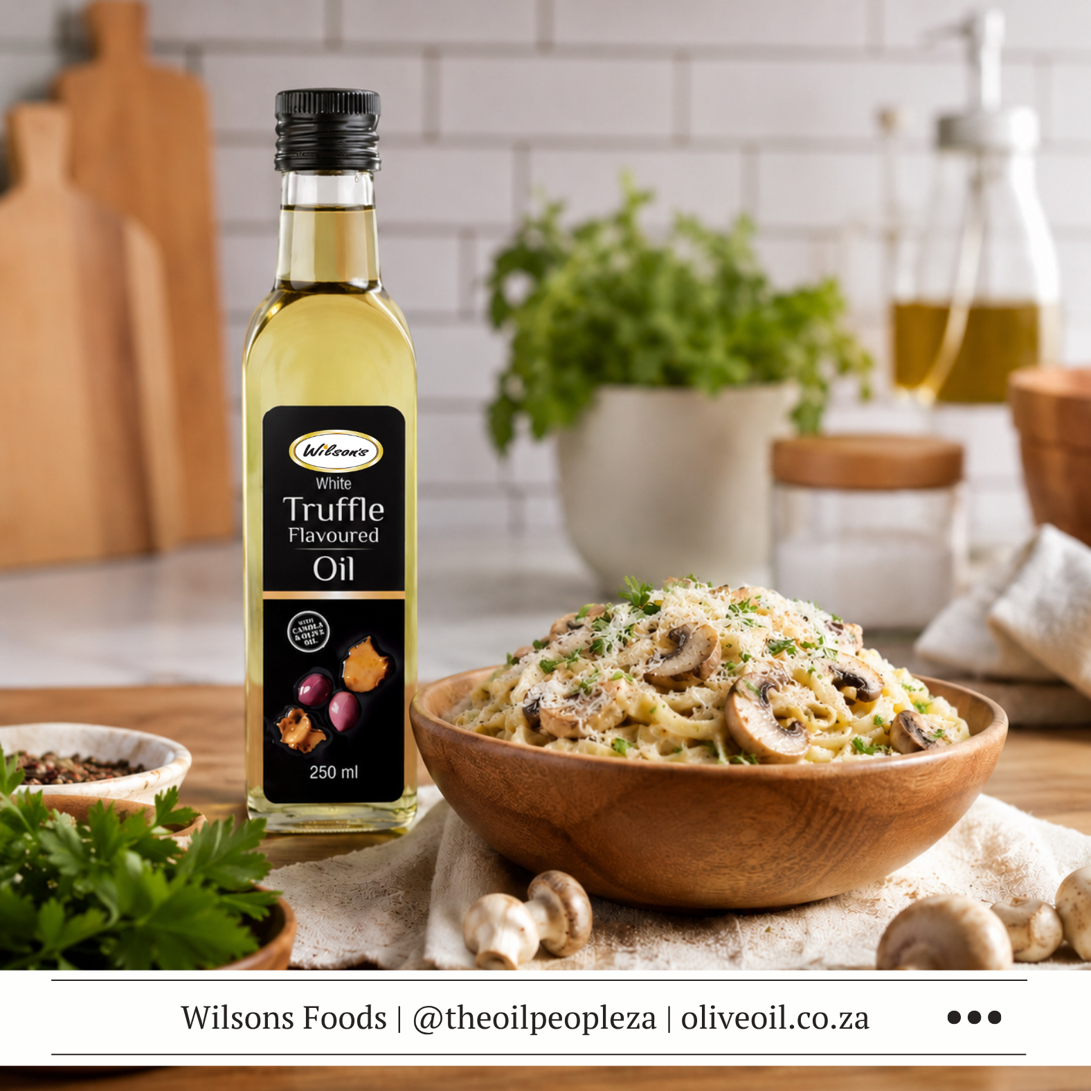 A bowl of handmade mushroom and truffle pasta finished with a drizzle of Wilson's Foods White Truffle Flavoured Oil and grated Parmesan