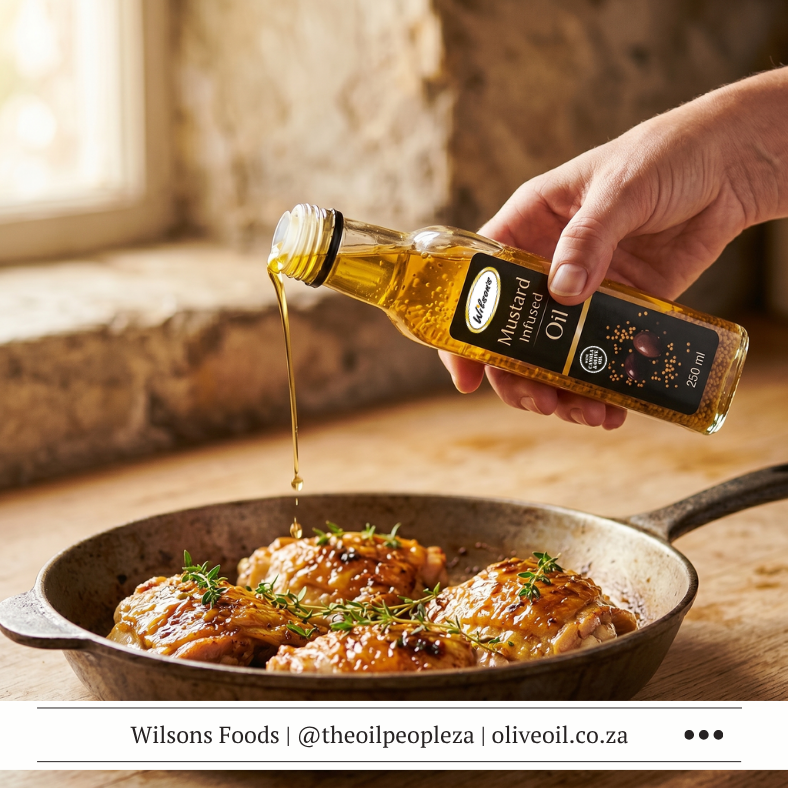Wilson's Foods Mustard Infused Oil bottle with visible mustard seeds suspended in golden oil