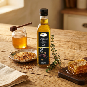 Wilson's Foods Mustard Infused Oil 250ml bottle with visible mustard seeds suspended in golden oil