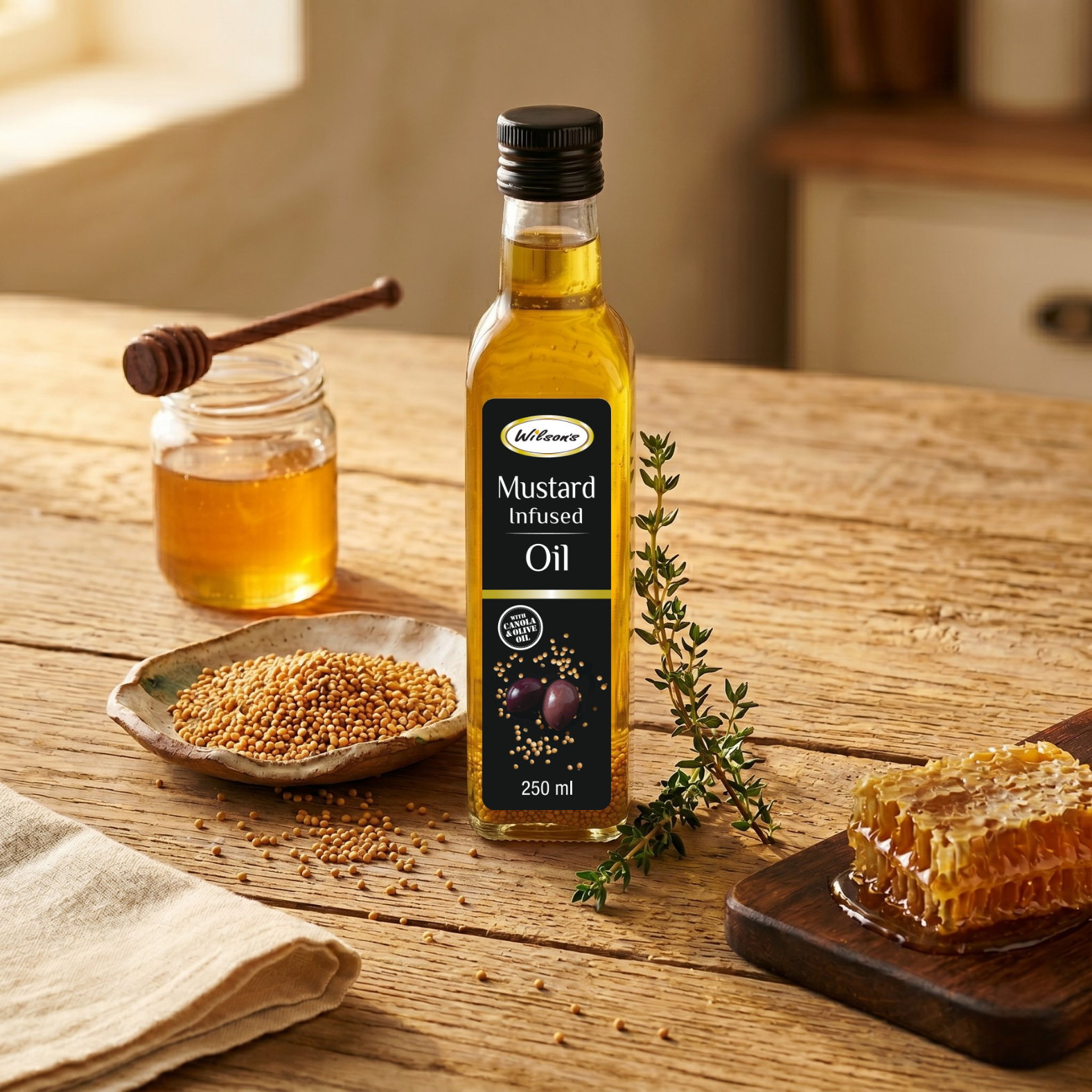 Wilson's Mustard Infused Oil 2 Wilson's Foods Mustard Infused Oil 250ml bottle with visible mustard seeds suspended in golden oil