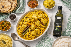 Cape Malay pickled fish with onions and curry spices in glass dish