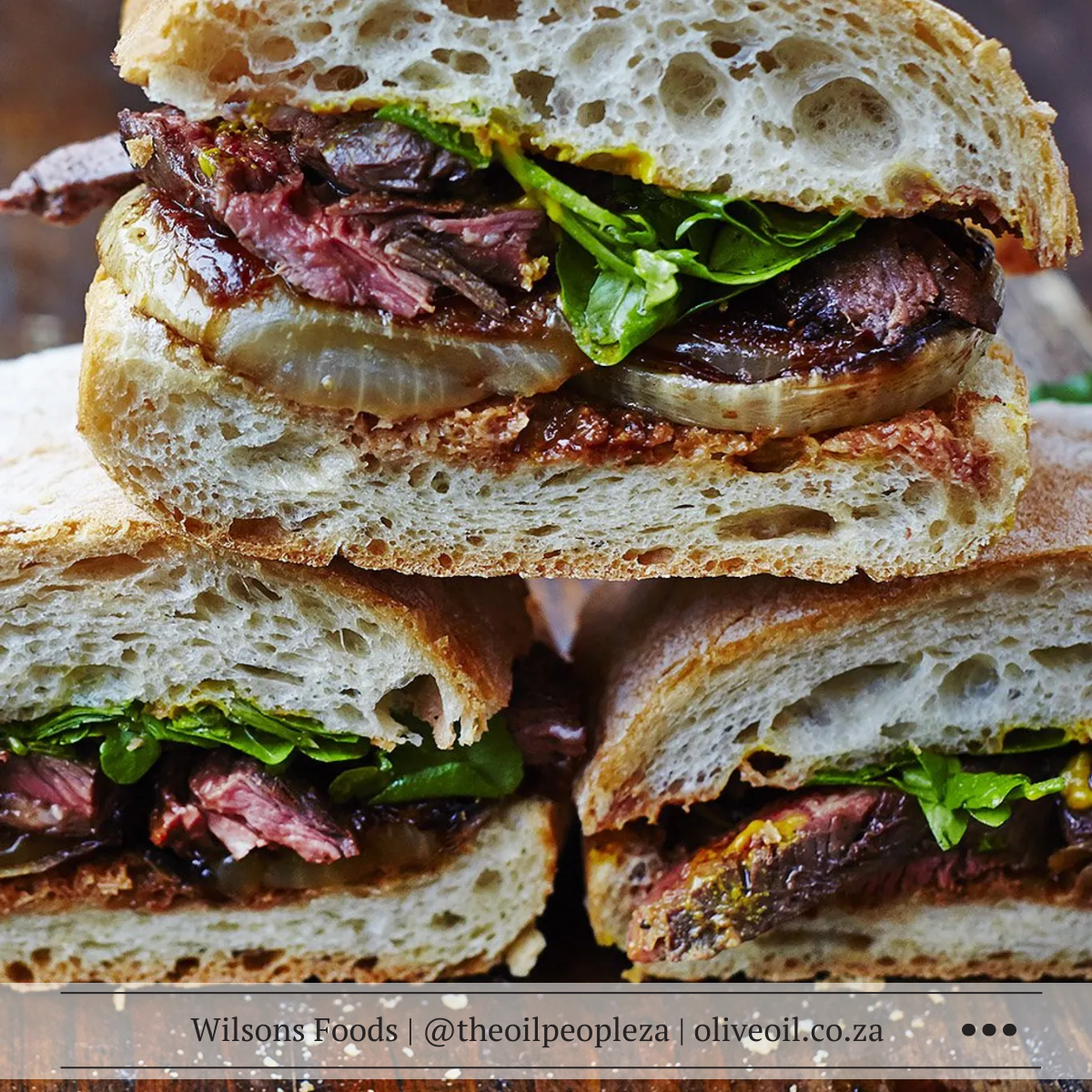 Steak & onion sandwich with caramelised onions, mustard and watercress layered on ciabatta.