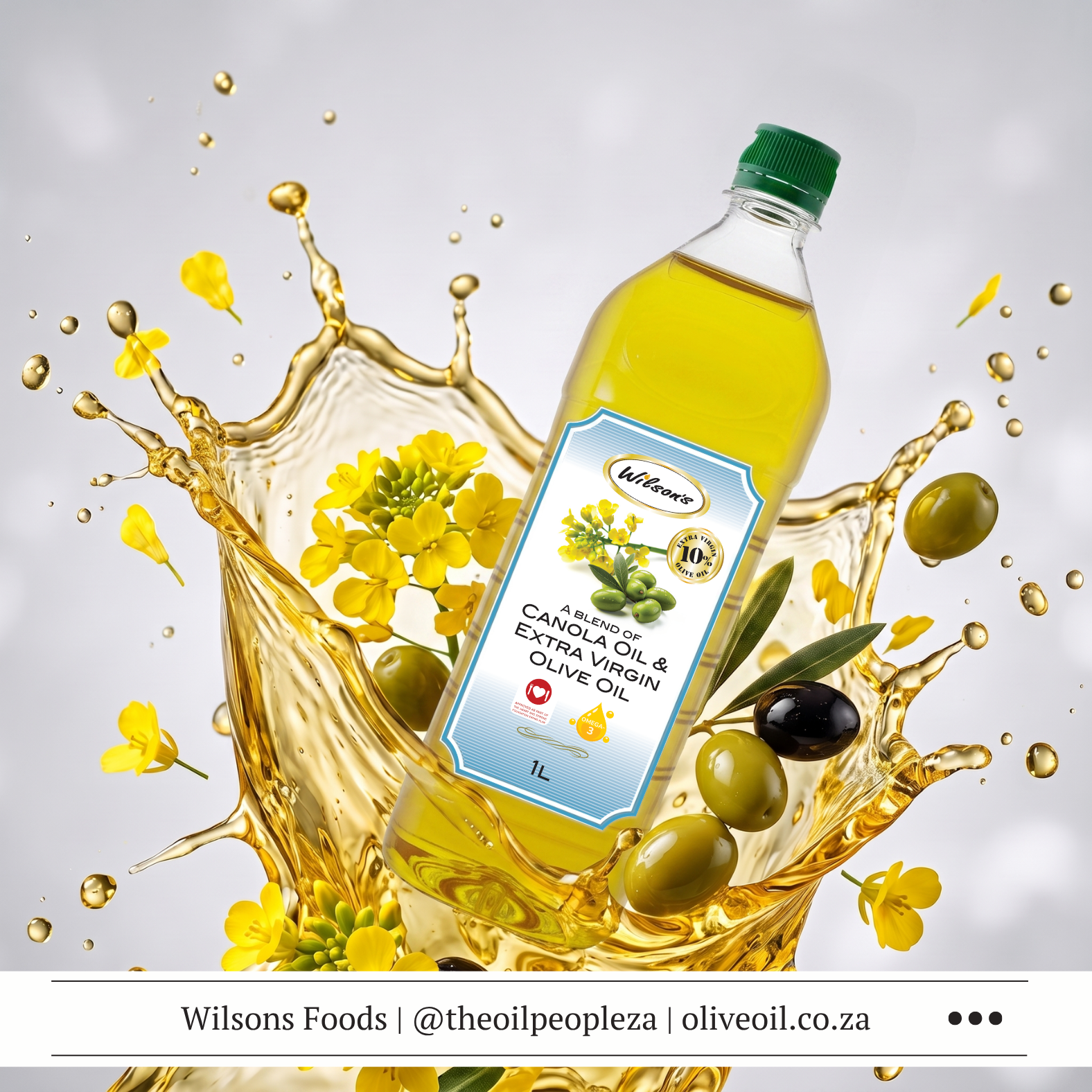 Articles 1 Wilson's Sky 10% Olive Oil Blend bottle with canola flowers and olive branches on a warm wooden kitchen surface