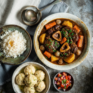 Beef shin potjie topped with a fluffy dumpling, cooked with Wilson's Rosemary Flavoured Oil