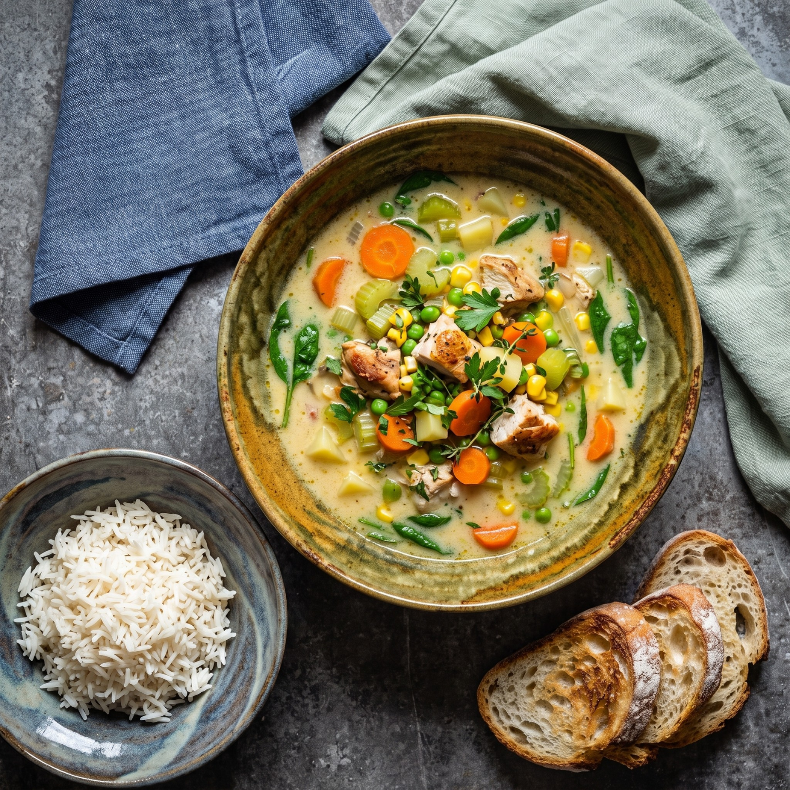 Bowl of chicken garden soup drizzled with Wilson's Basil Flavoured Oil