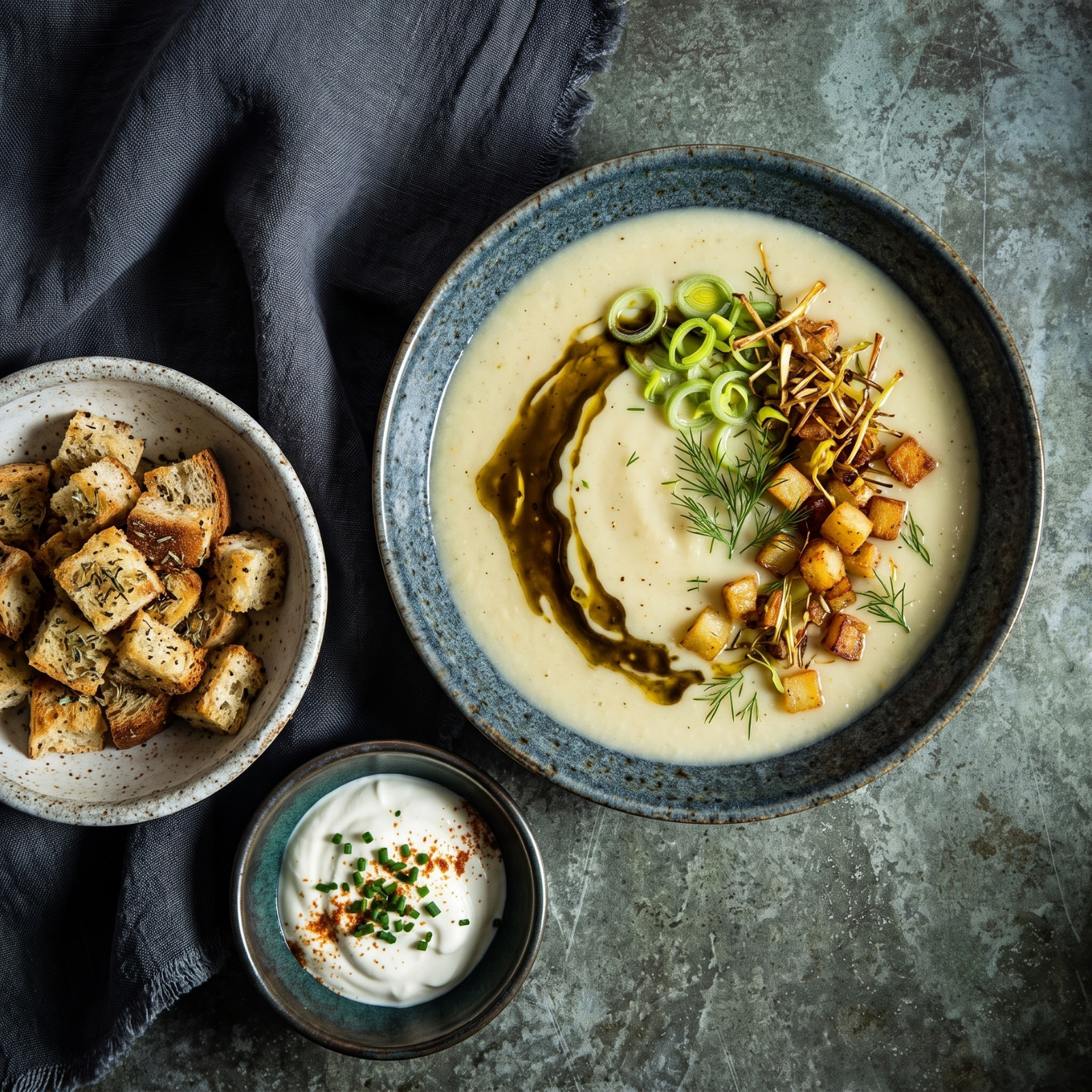Creamy Leek & Potato Soup 1 Bowl of creamy leek and potato soup made with Wilson's Butter Flavoured Oil