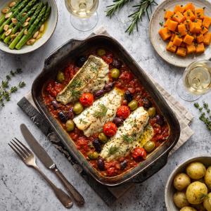 Flavoured Oils: The new Culinary Trend 1 Fish Traybake with hake, olives and tomato finished in Wilson's Peri-Peri Flavoured Oil