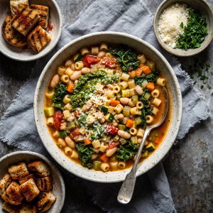 Bowl of wholesome minestrone soup with vegetables, beans, and pasta, drizzled with Wilson's Extra Virgin Olive Oil