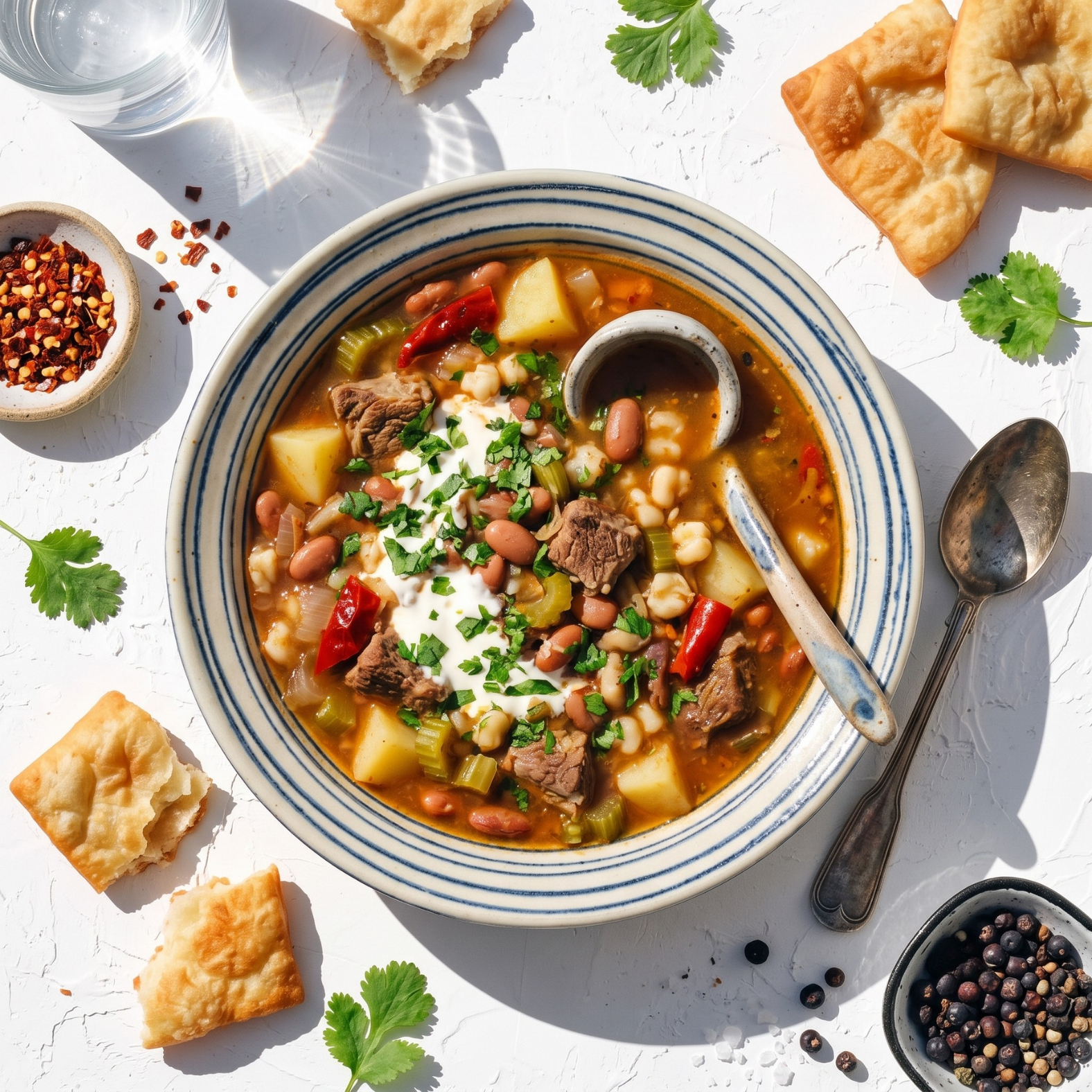 Bowl of Navajo Soup with hominy, beef and peri-peri oil drizzle