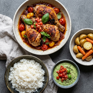 Crispy skin-on chicken legs braised with cherry tomatoes and basil in a cast iron pot, drizzled with Wilson's Extra Virgin Olive Oil