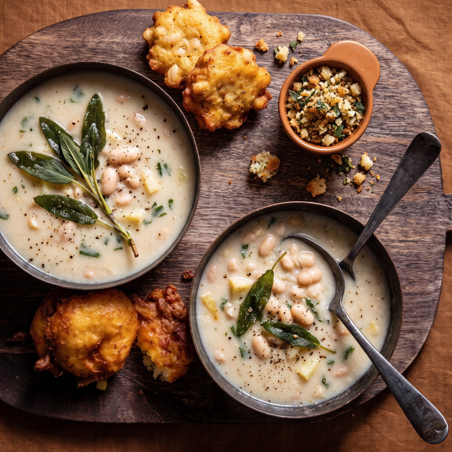 Bowl of parsnip, sage and White Bean Soup drizzled with Wilson's Butter Flavoured Oil and topped with crispy sage leaves