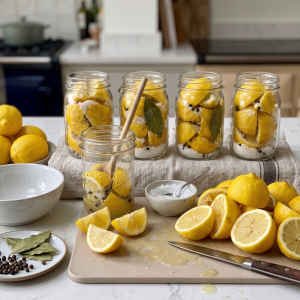 Preserved Lemons in Olive Oil in a glass jar with spices