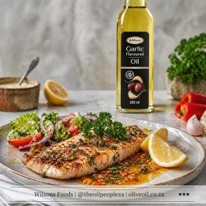 Whole butterflied snoek on a foil-lined braai grid being basted with paprika garlic butter and The Oil People Garlic Flavoured Oil