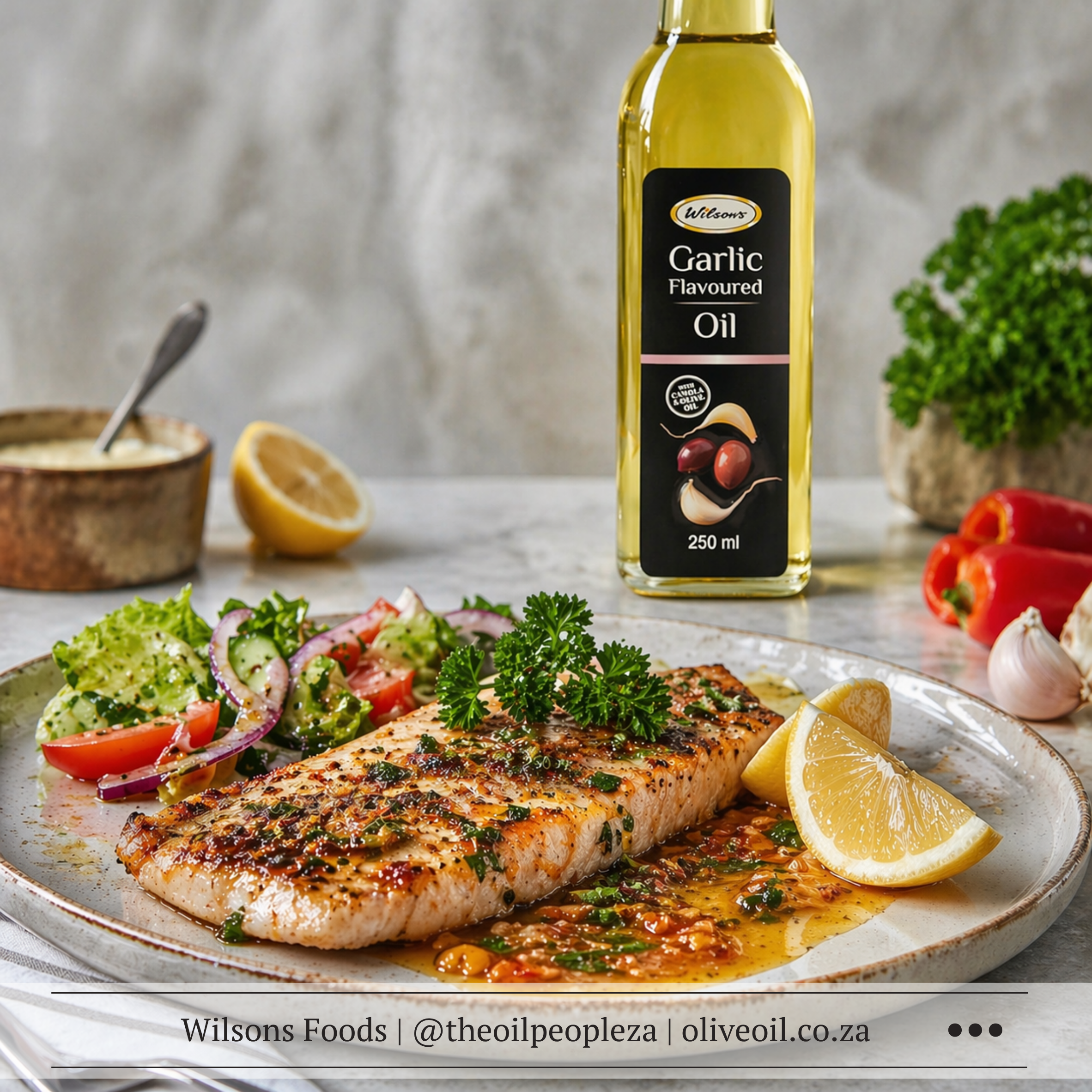 Whole butterflied snoek on a foil-lined braai grid being basted with paprika garlic butter and The Oil People Garlic Flavoured Oil