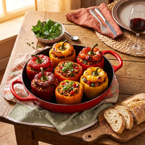Stuffed Peppers with Rice and Herbs baked golden and finished with Wilson’s Extra Virgin Olive Oil