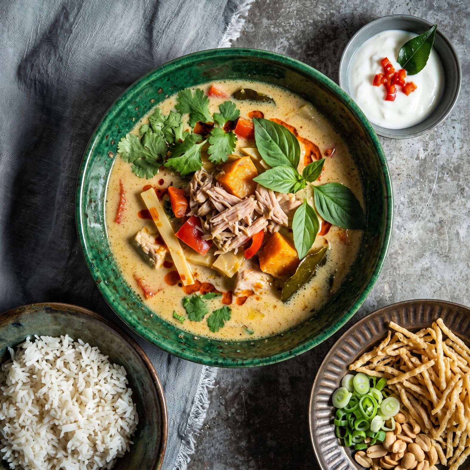 Bowl of turkey and coconut milk soup with fresh coriander and lime
