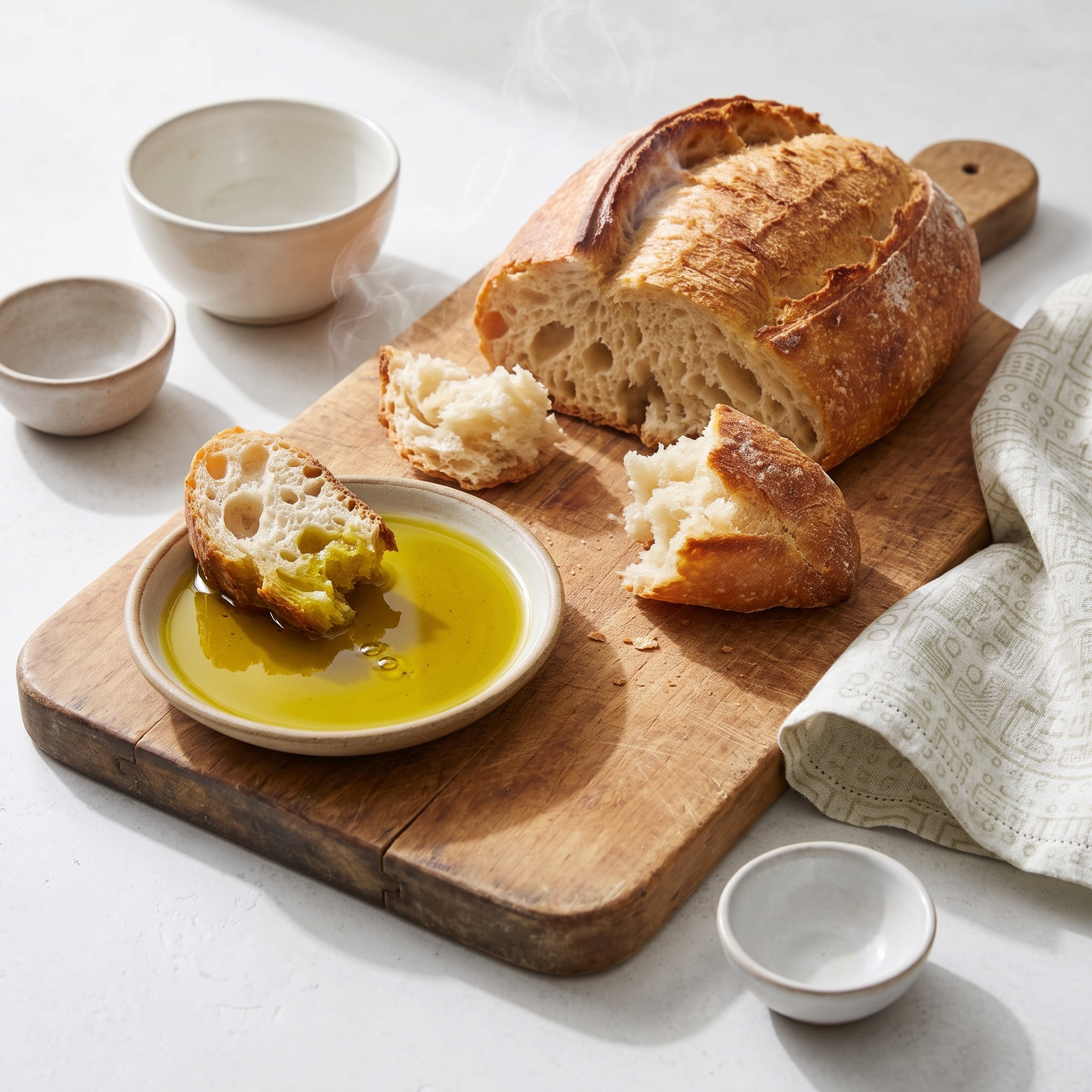 A torn loaf of bread beside a shallow dish of Wilson's Extra Virgin Olive Oil, showing why bread and olive oil belong together
