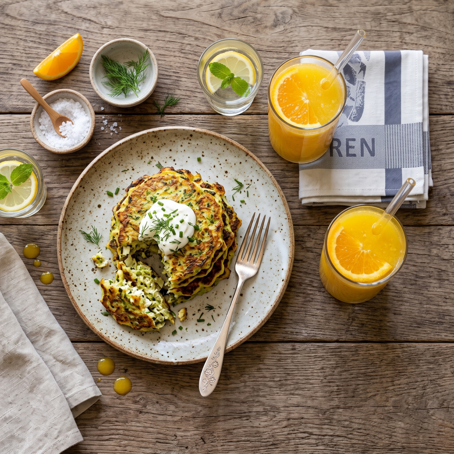 Baby Marrow Fritters 1 Baby Marrow Fritters stacked and golden, served with a dollop of yoghurt