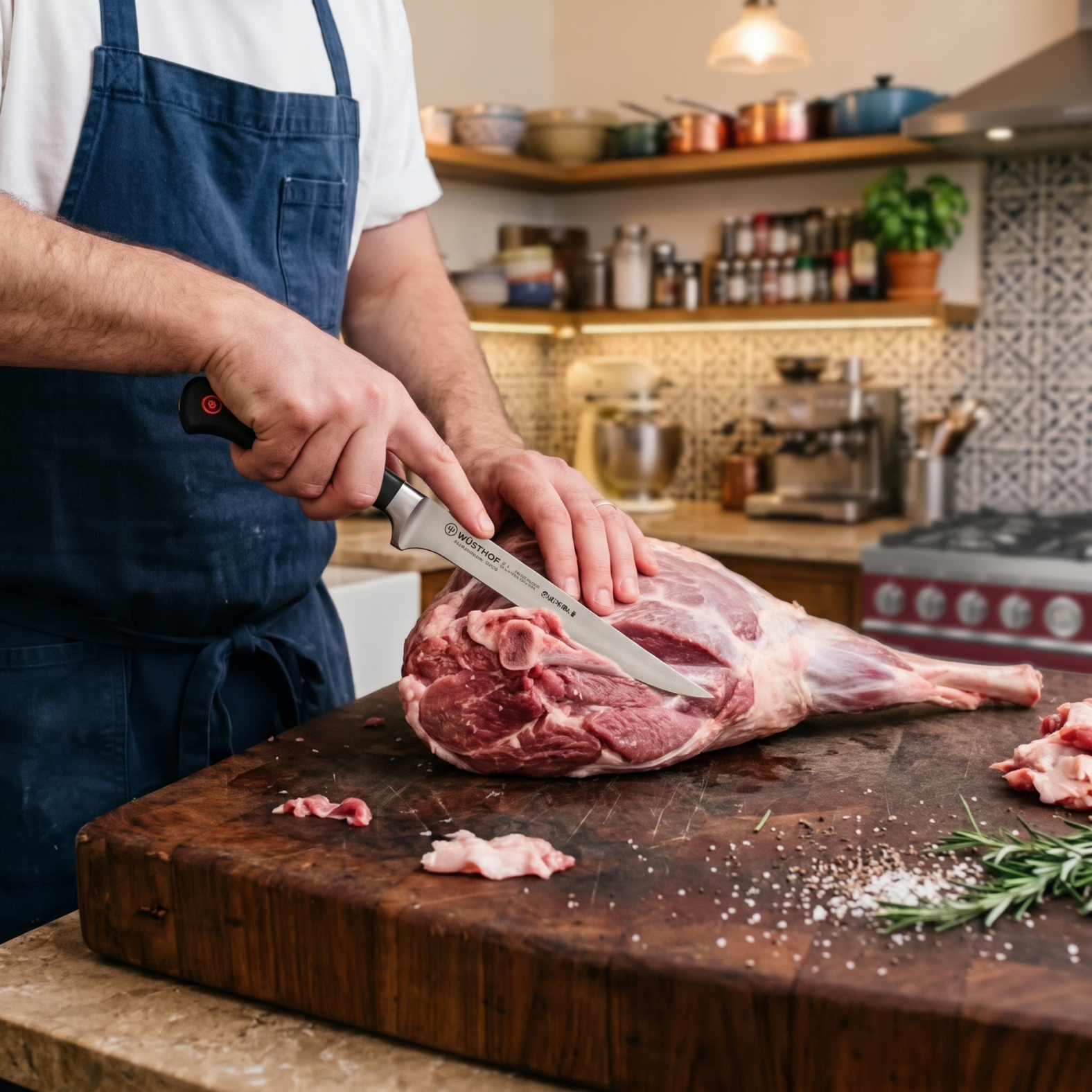 Articles 16 Hands using a boning knife to debone a leg of lamb on a wooden board